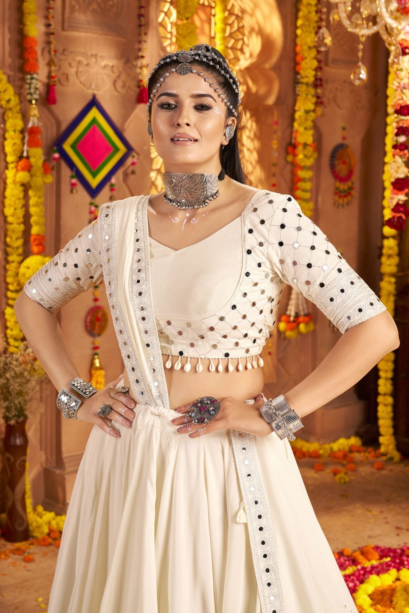 Off - White Mirror Work Navratri Lehenga Choli Set with Multicolor Embroidered Border - Mangaldeep NX