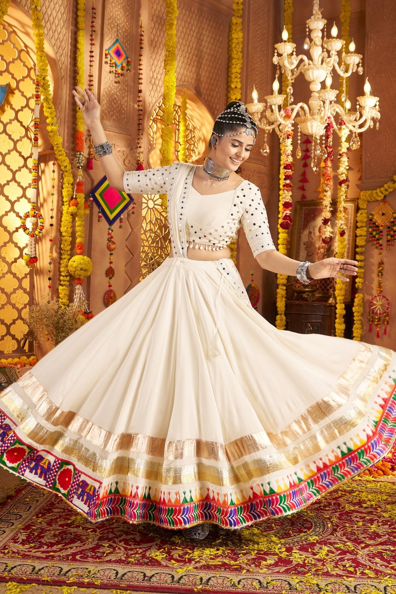 Off - White Mirror Work Navratri Lehenga Choli Set with Multicolor Embroidered Border - Mangaldeep NX