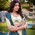 Off - White Peacock Embroidered Lehenga Choli Set with Blue and Green Contrast Dupatta - Mangaldeep NX