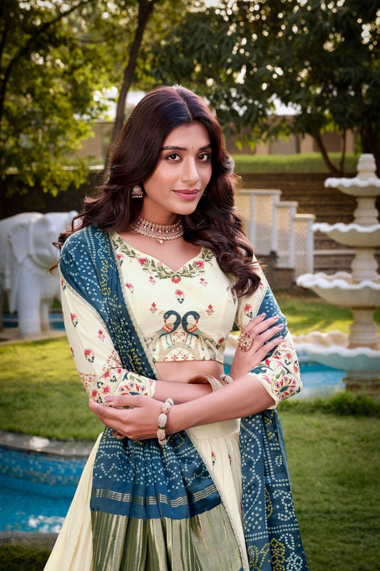 Off - White Peacock Embroidered Lehenga Choli Set with Blue and Green Contrast Dupatta - Mangaldeep NX