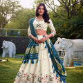Off - White Peacock Embroidered Lehenga Choli Set with Blue and Green Contrast Dupatta - Mangaldeep NX
