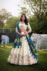 Off - White Peacock Embroidered Lehenga Choli Set with Blue and Green Contrast Dupatta - Mangaldeep NX