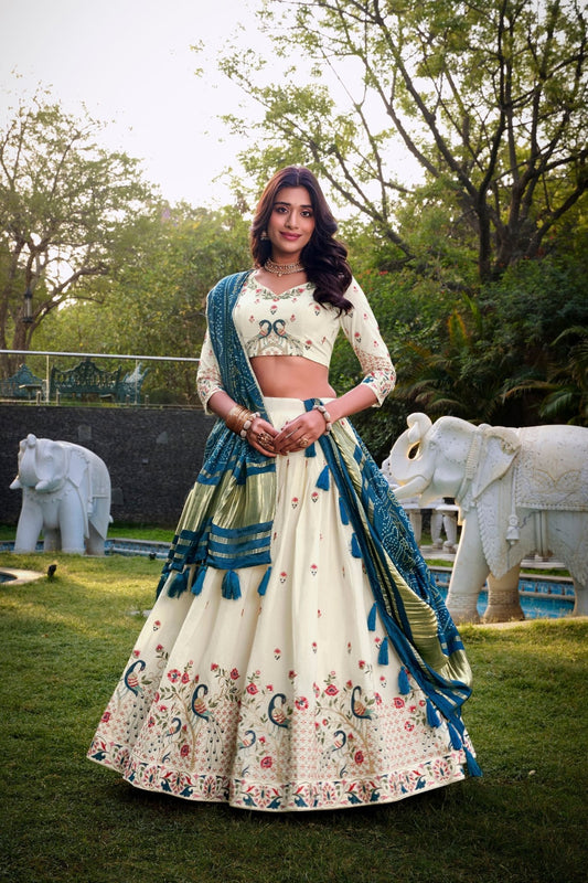 Off - White Peacock Embroidered Lehenga Choli Set with Blue and Green Contrast Dupatta - Mangaldeep NX