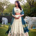 Off - White Peacock Embroidered Lehenga Choli Set with Blue and Green Contrast Dupatta - Mangaldeep NX