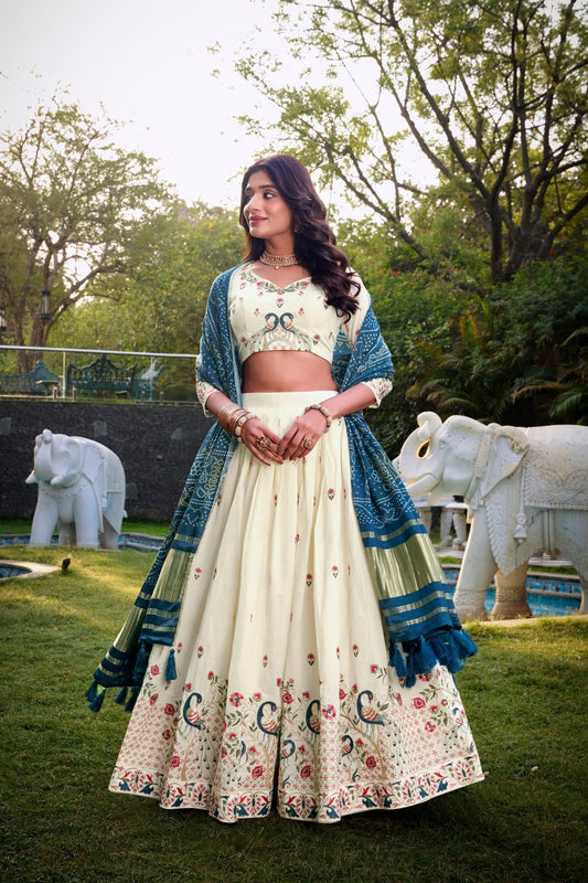 Off - White Peacock Embroidered Lehenga Choli Set with Blue and Green Contrast Dupatta - Mangaldeep NX
