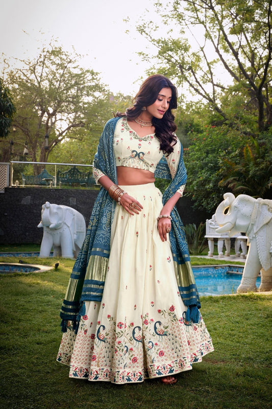 Off - White Peacock Embroidered Lehenga Choli Set with Blue and Green Contrast Dupatta - Mangaldeep NX
