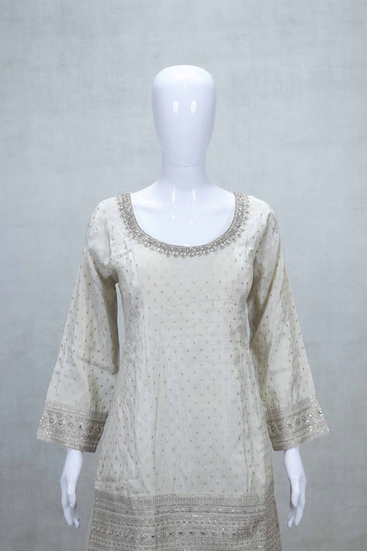 Off - White Readymade Sharara Set with Red Bandhej Dupatta - Mangaldeep NX