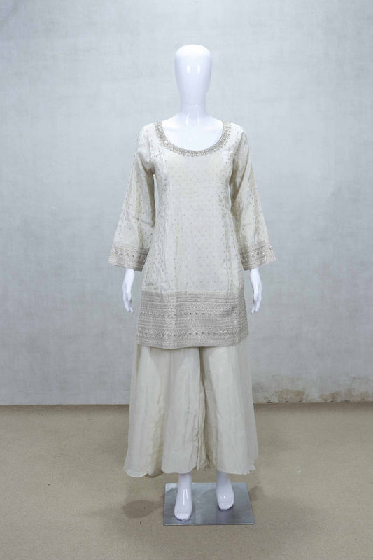 Off - White Readymade Sharara Set with Red Bandhej Dupatta - Mangaldeep NX