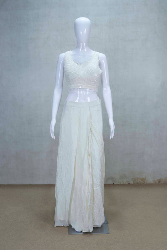 Off - White Ruffled Indo - Western Readymade Saree with Sleeveless Beaded Blouse - Mangaldeep NX