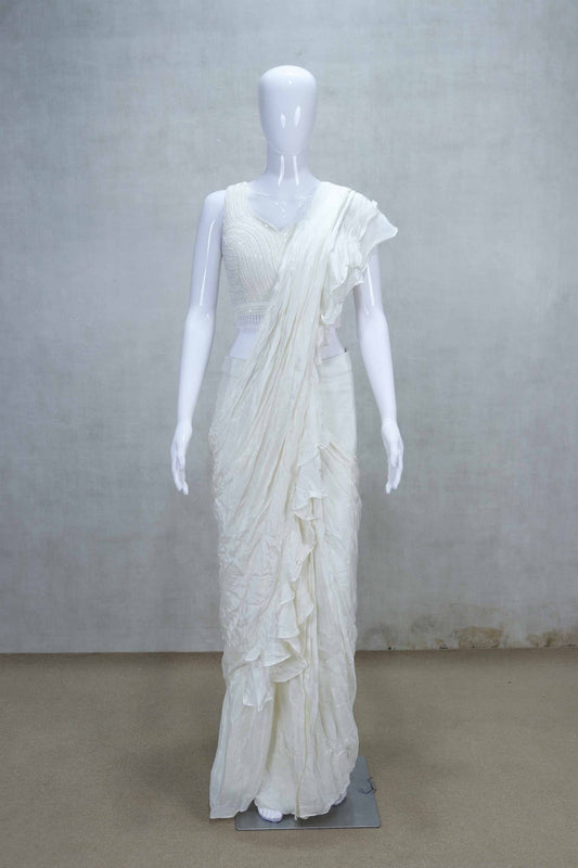 Off - White Ruffled Indo - Western Readymade Saree with Sleeveless Beaded Blouse - Mangaldeep NX