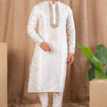 Off - White Textured Art Silk Kurta for Men with Golden Embroidered Placket and Pyjama - Mangaldeep NX