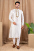 Off - White Textured Art Silk Kurta for Men with Golden Embroidered Placket and Pyjama - Mangaldeep NX