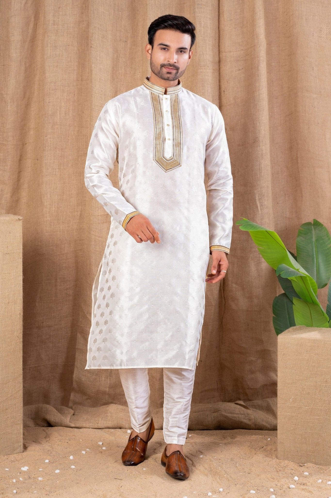 Off - White Textured Art Silk Kurta for Men with Golden Embroidered Placket and Pyjama - Mangaldeep NX
