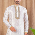 Off - White Textured Art Silk Kurta for Men with Golden Embroidered Placket and Pyjama - Mangaldeep NX
