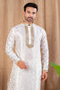 Off - White Textured Art Silk Kurta for Men with Golden Embroidered Placket and Pyjama - Mangaldeep NX