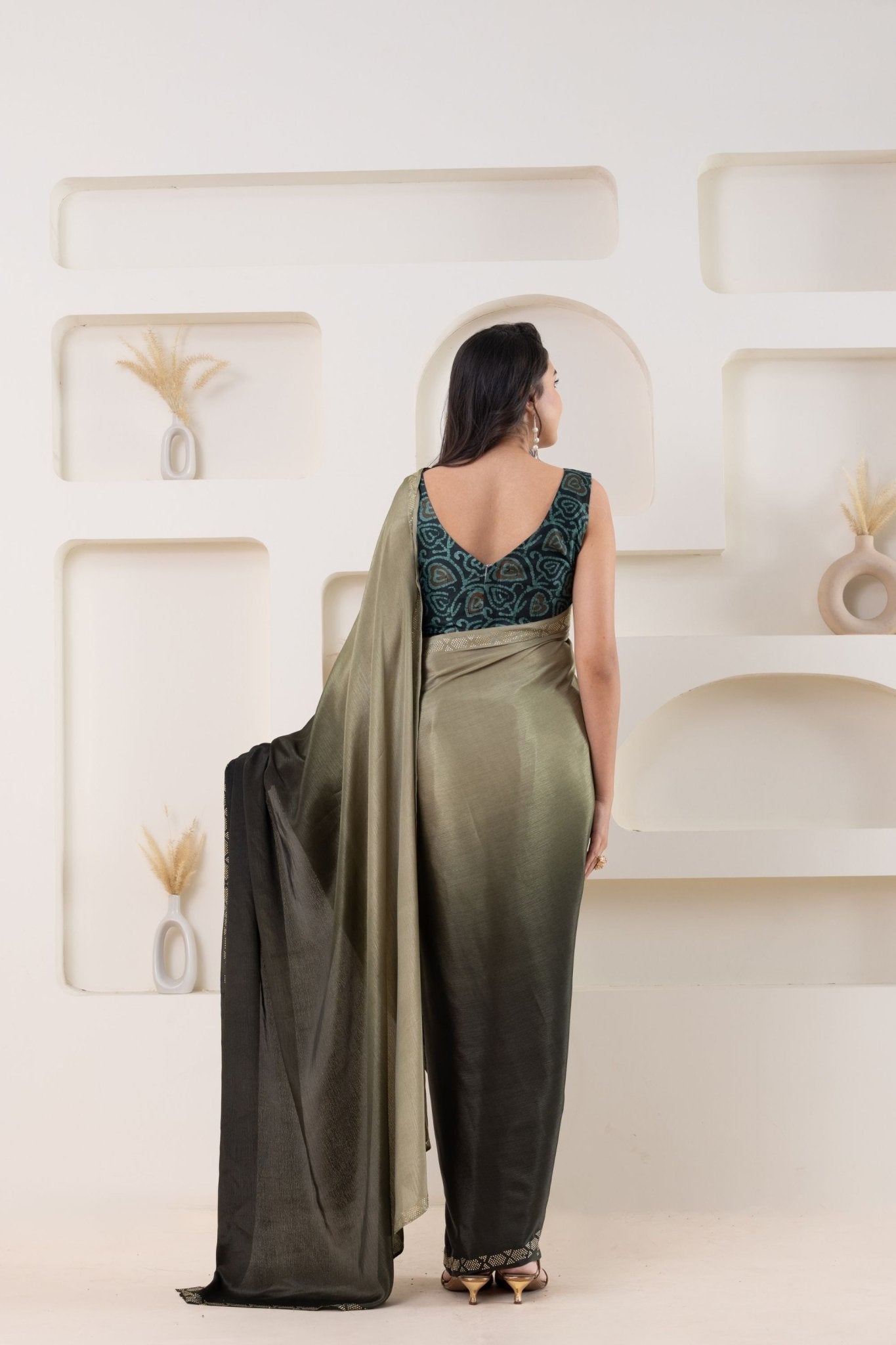 Olive Green and Black Satin Silk Saree with Woven Zari Border and Designer Blouse - Mangaldeep NX