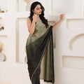 Olive Green and Black Satin Silk Saree with Woven Zari Border and Designer Blouse - Mangaldeep NX