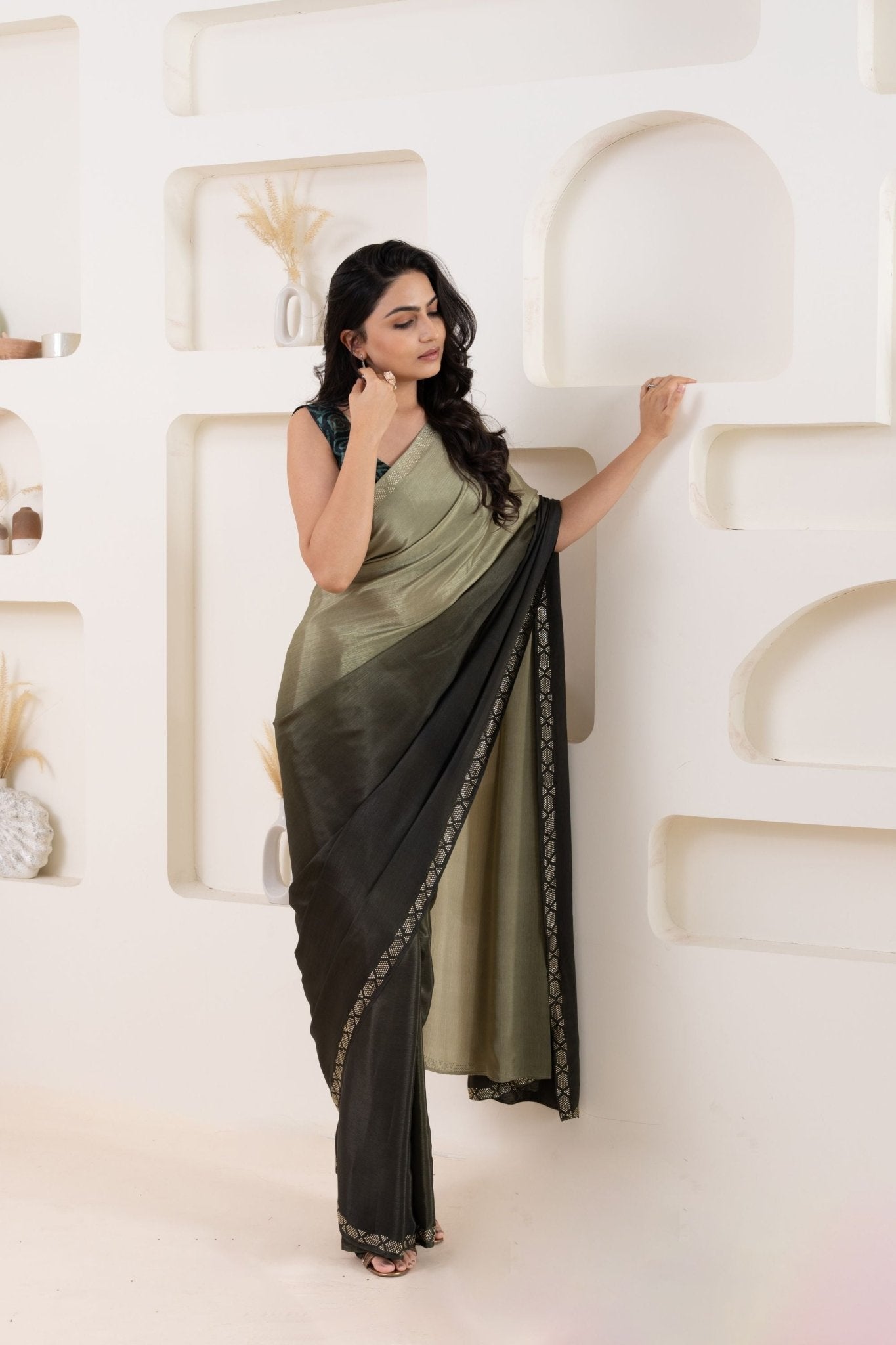 Olive Green and Black Satin Silk Saree with Woven Zari Border and Designer Blouse - Mangaldeep NX