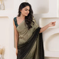 Olive Green and Black Satin Silk Saree with Woven Zari Border and Designer Blouse - Mangaldeep NX
