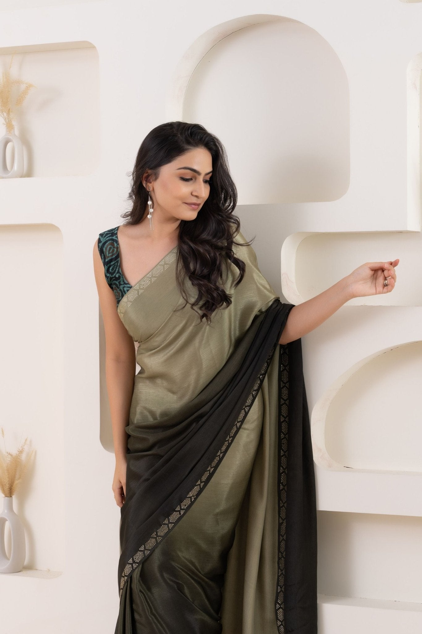 Olive Green and Black Satin Silk Saree with Woven Zari Border and Designer Blouse - Mangaldeep NX