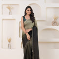 Olive Green and Black Satin Silk Saree with Woven Zari Border and Designer Blouse - Mangaldeep NX