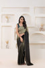 Olive Green and Black Satin Silk Saree with Woven Zari Border and Designer Blouse - Mangaldeep NX