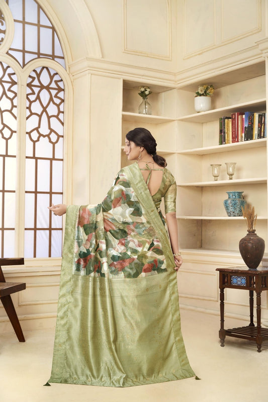Olive Green and Rust Floral Printed Linen Silk Saree with Zari Border and Blouse Piece - Mangaldeep NX