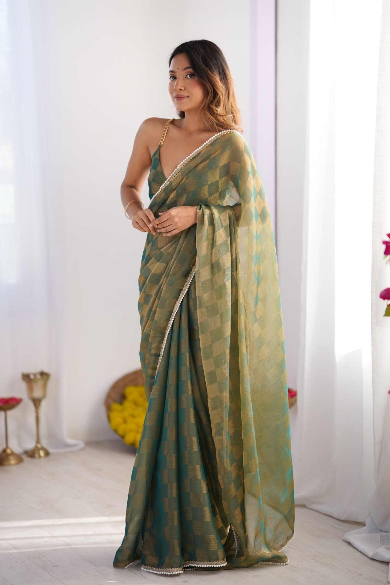 Olive Green and Teal Checkered Chiffon Saree with Pearl Lace Border - Mangaldeep NX