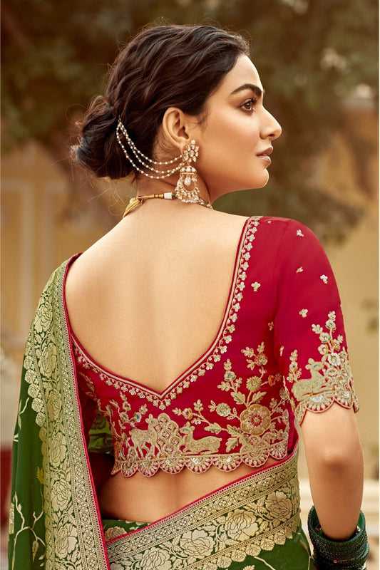 Olive Green Banarasi Silk Saree with Gold Zari Work - Mangaldeep NX