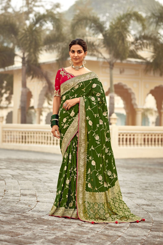 Olive Green Banarasi Silk Saree with Gold Zari Work - Mangaldeep NX