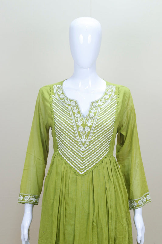 Olive Green Cotton Anarkali Kurta Set with Dupatta Embroidered Ethnic Suit - Mangaldeep NX