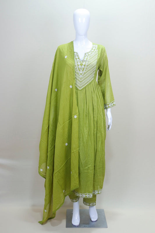 Olive Green Cotton Anarkali Kurta Set with Dupatta Embroidered Ethnic Suit - Mangaldeep NX
