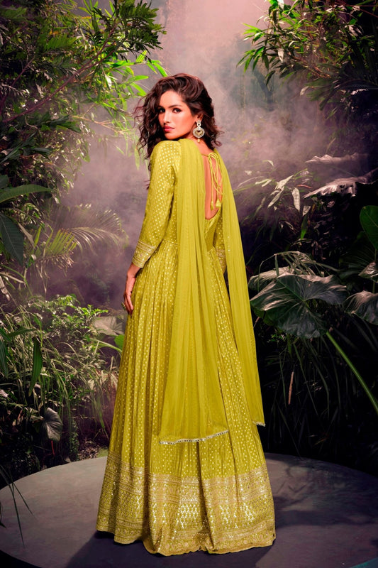 Olive Green Embroidered Anarkali Gown with Mirror Work and Dupatta for Women - Mangaldeep NX