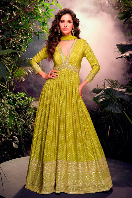 Olive Green Embroidered Anarkali Gown with Mirror Work and Dupatta for Women - Mangaldeep NX