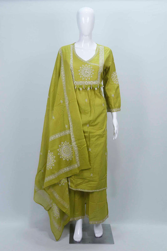 Olive Green Embroidered Cotton Straight Suit Set with Dupatta - Mangaldeep NX