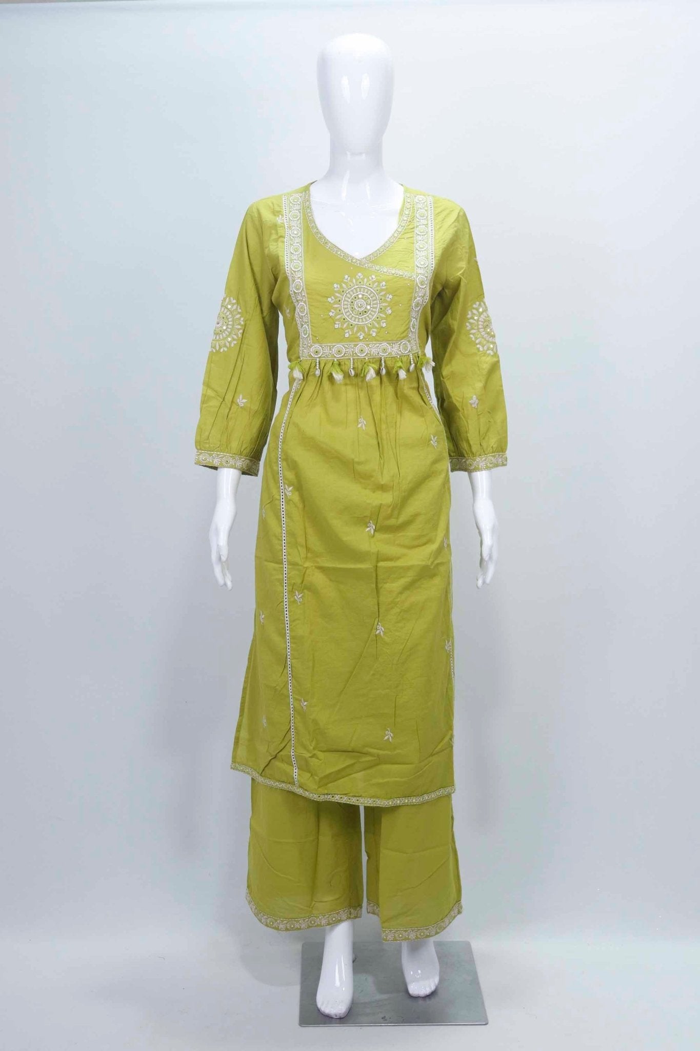 Olive Green Embroidered Cotton Straight Suit Set with Dupatta - Mangaldeep NX