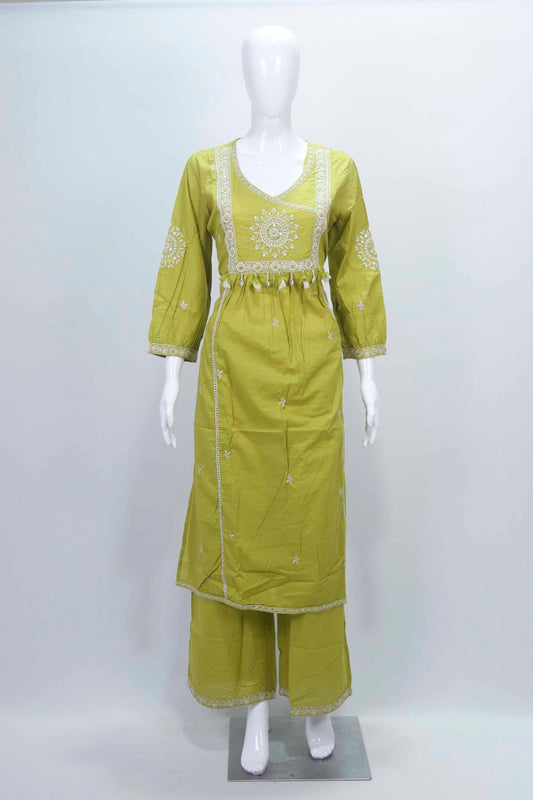 Olive Green Embroidered Cotton Straight Suit Set with Dupatta - Mangaldeep NX