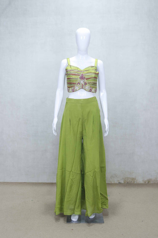 Olive Green Embroidered Crop Top and Sharara Set with Multicolor Printed Jacket - Mangaldeep NX