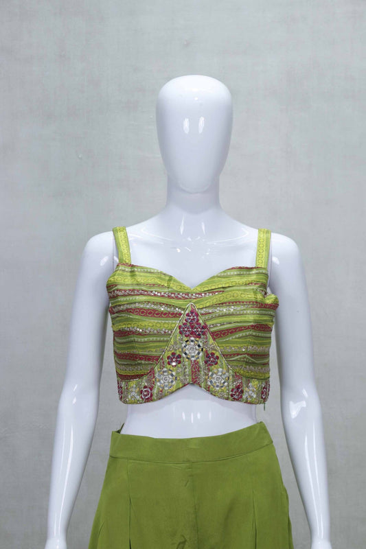 Olive Green Embroidered Crop Top and Sharara Set with Multicolor Printed Jacket - Mangaldeep NX