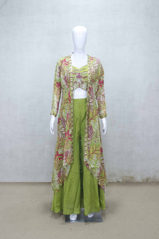 Olive Green Embroidered Crop Top and Sharara Set with Multicolor Printed Jacket - Mangaldeep NX