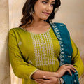 Olive Green Embroidered Silk Blend Readymade Salwar Suit with Contrast Dupatta - Mangaldeep NX