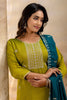 Olive Green Embroidered Silk Blend Readymade Salwar Suit with Contrast Dupatta - Mangaldeep NX