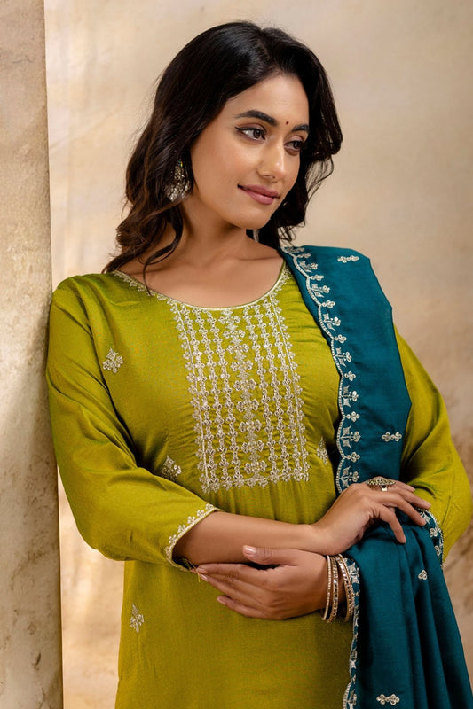 Olive Green Embroidered Silk Blend Readymade Salwar Suit with Contrast Dupatta - Mangaldeep NX