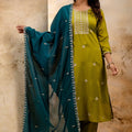 Olive Green Embroidered Silk Blend Readymade Salwar Suit with Contrast Dupatta - Mangaldeep NX