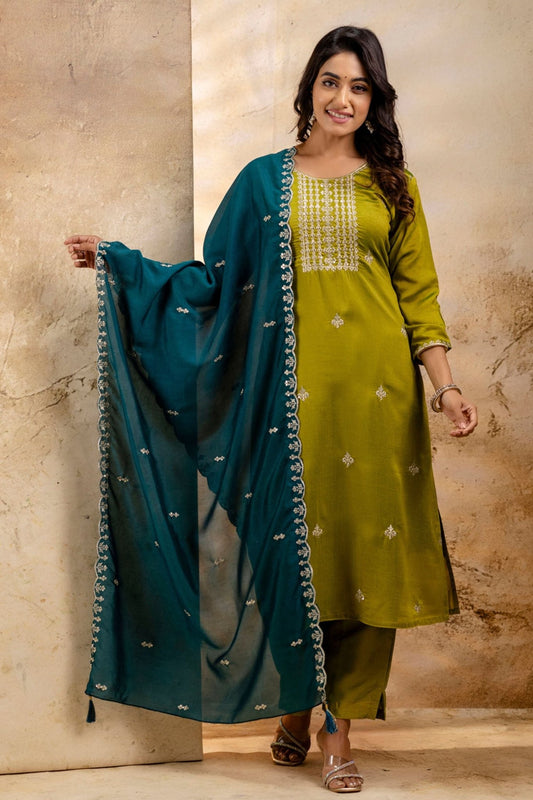 Olive Green Embroidered Silk Blend Readymade Salwar Suit with Contrast Dupatta - Mangaldeep NX