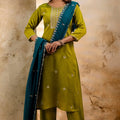 Olive Green Embroidered Silk Blend Readymade Salwar Suit with Contrast Dupatta - Mangaldeep NX