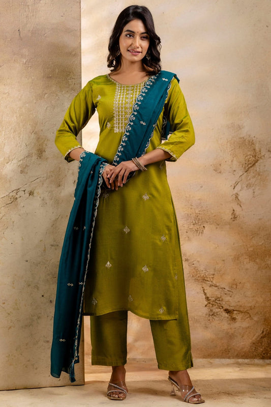 Olive Green Embroidered Silk Blend Readymade Salwar Suit with Contrast Dupatta - Mangaldeep NX