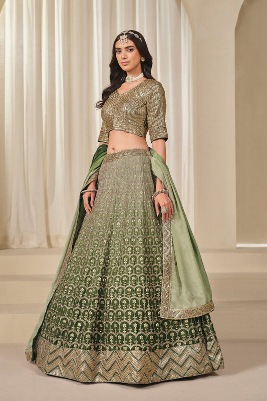 Olive Green Embroidered Silk Lehenga Choli Set with Sequined Blouse and Dupatta - Mangaldeep NX
