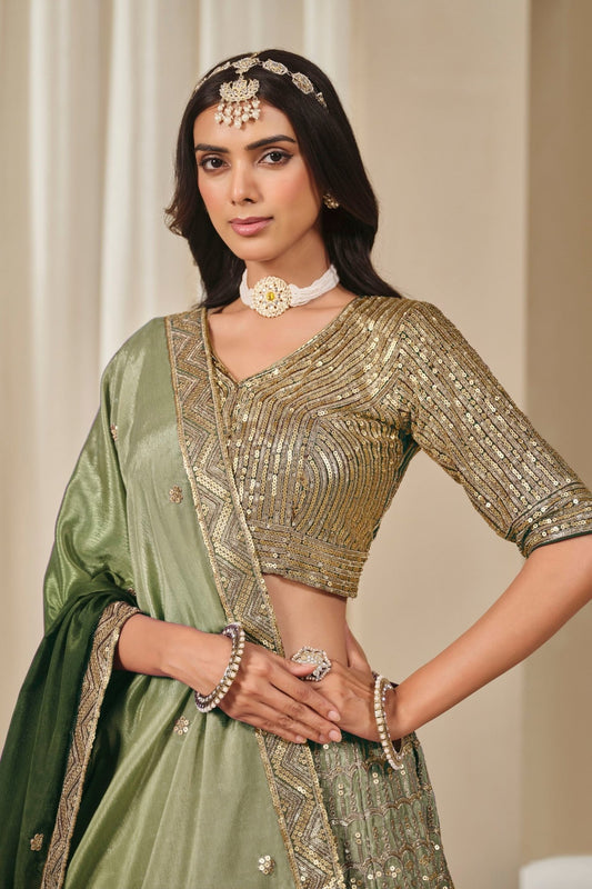 Olive Green Embroidered Silk Lehenga Choli Set with Sequined Blouse and Dupatta - Mangaldeep NX