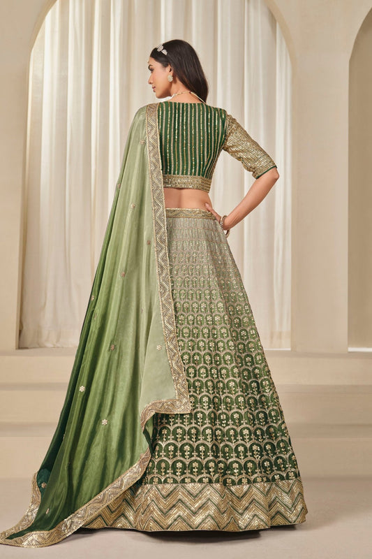 Olive Green Embroidered Silk Lehenga Choli Set with Sequined Blouse and Dupatta - Mangaldeep NX